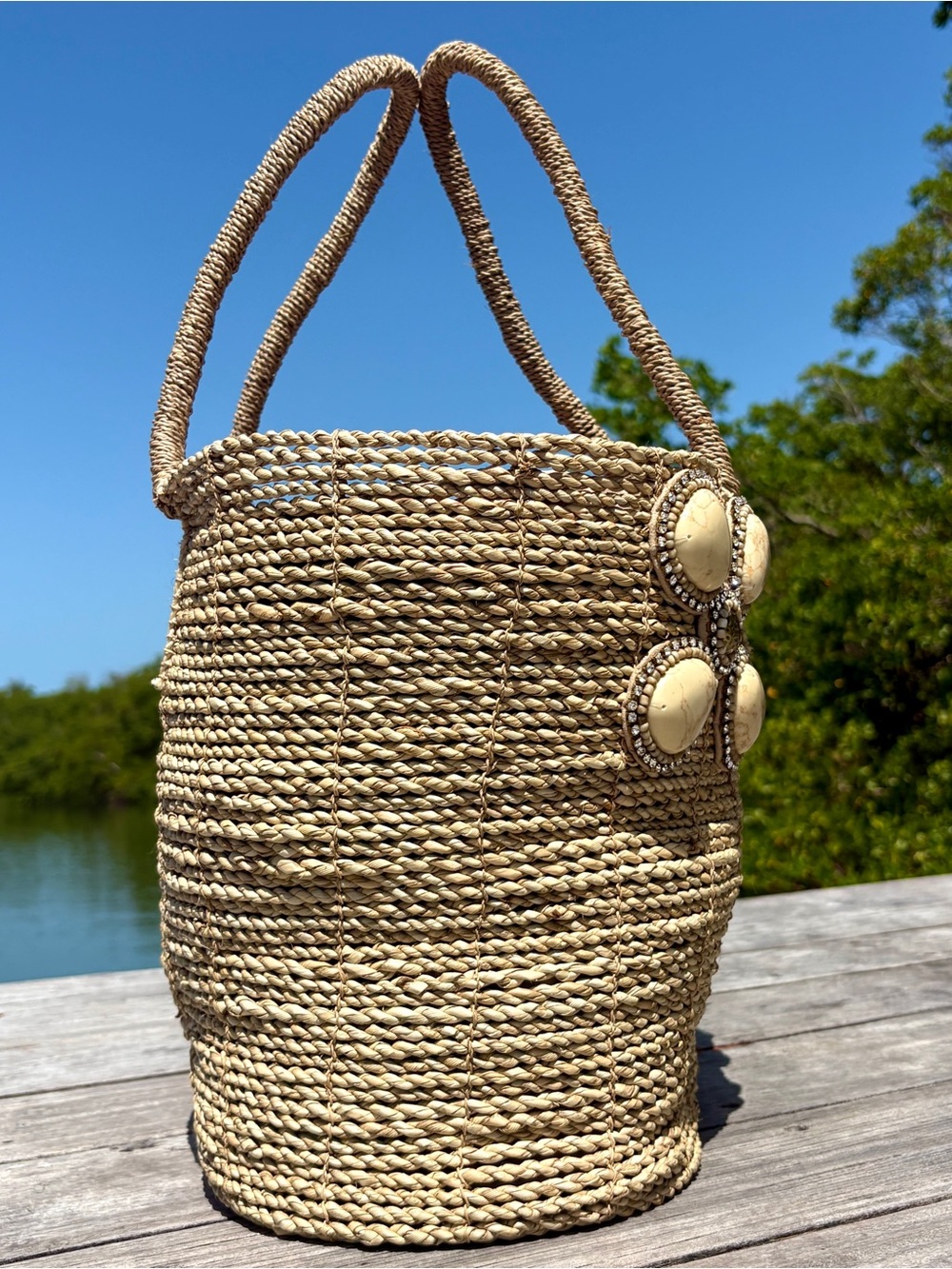 Skēmo Large Woven Straw Bag Luxury Stones Bling Double Handle Tote Designer Rare - Picture 8 of 15